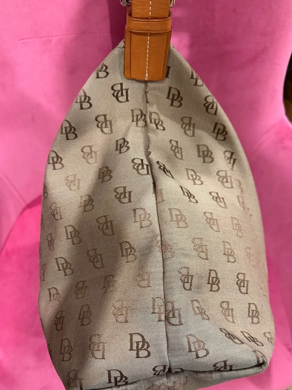 Dooney & Bourke Beige Logo Hobo Bag with Brown Leather Strap